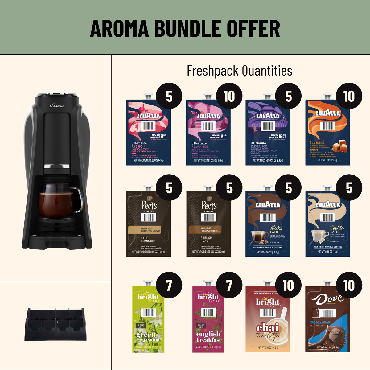 Flavia Aroma Brewer Bundle with 84 Freshpacks and 1 Merchandiser