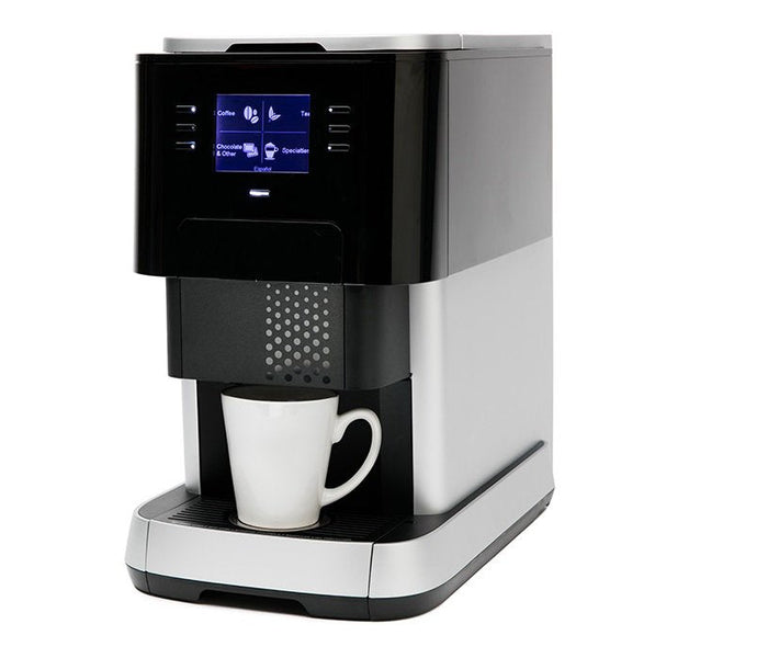 Flavia coffee machine with a selection of sachets of tea, coffee